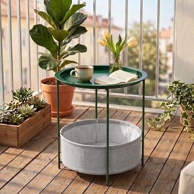 VECELO Round Side/End Table with Fabric Storage Basket,Metal Anti-Rust and Waterproof Small Bedside Nightstand with Removable Tray Top for Living Room,Balcony & Laundry,Dark Green /2pcs with Basket