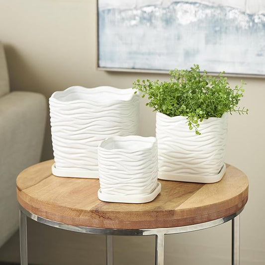 Deco 79 Ceramic Indoor Outdoor Planter Wavy Ribbed Large Planter Pot with Attached Saucer, Set of 3 Planters 7",6",5" H, White