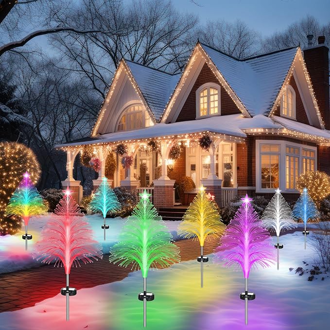 Baquler 12 Pack Solar Christmas Tree Lights Waterproof Outdoor Pathyway Stake Light 7 Lighting Modes Fireworks Christmas Stake Light Decoration for Holiday Yard Walkway Garden Path Decor
