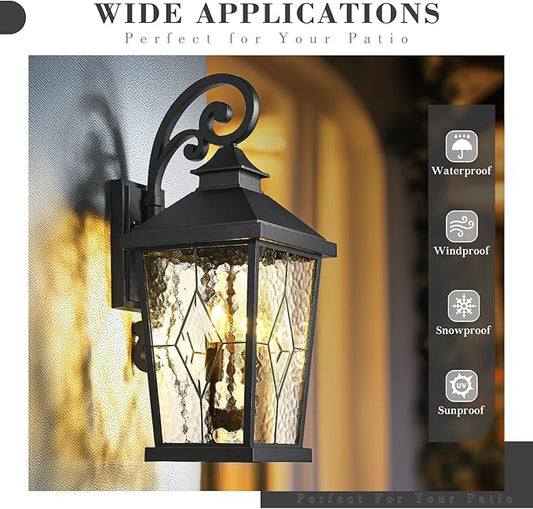 Emliviar 22.4" Large Outdoor Wall Light, Matte Black Exterior Lighting Fixtures with Water Glass Shade, Outside Wall Lantern with E12 Bulb Base, WE301BM-SD BK