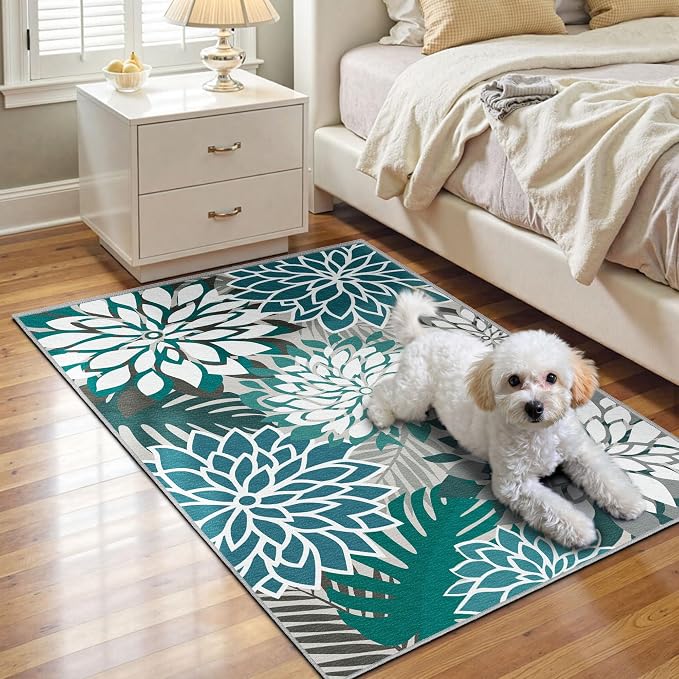 Arenarug 2x3 Colorful Washable Small Rug Tropical Botanical Modern Floral Indoor Chenille Door Mat Carpet Non Slip for Patio, Entry Way, Entrance, Porch, Teal