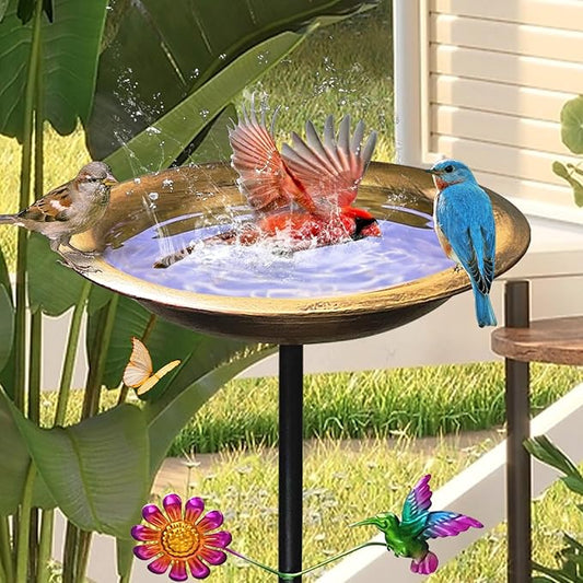 Bird Bath for Outdoors,Metal Freestanding Garden Bird Feeder with Decorative Hummingbird & Flower Accent,Vintage Antique Bronze Bowl for Yard,Lawn & Patio Decor(31.5 Inch H-Stake)