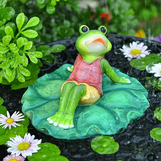 Sungmor Floating Resin Frog Figurine Pond Decor, Water Floating Lotus Leaf with Frog Ornament, Lovely Frog Statues Pond Floating Decoration for Garden Outdoor - Girl