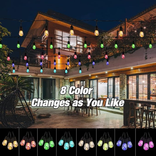 24FT Outdoor String Lights, 12 Shatterproof Edison LED Bulbs, Dimmable RGB Color Changing Patio Lights Waterproof with Remote. for Patio Decor, Garden, Yard, Party, Bistro