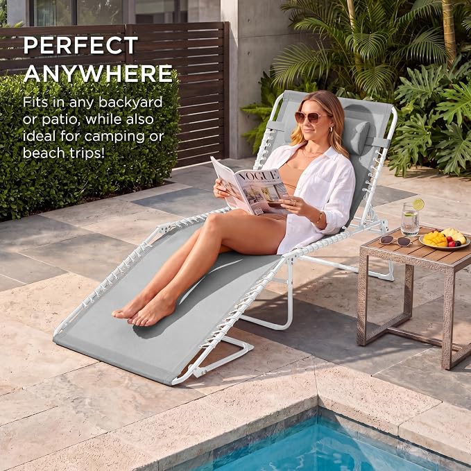 Best Choice Products Extra Wide Patio Chaise Lounge Chair, Portable Outdoor Folding Recliner for Lawn, w/ 8 Positions, Handles, 440lb Capacity - Ice Gray/White