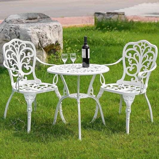 3 Piece Patio Bistro Set Cast Aluminum Bistro Table Set,All Weather Outdoor Dining Set with Umbrella Hole for Porch, Lawn, Garden, Backyard, Pool (White)
