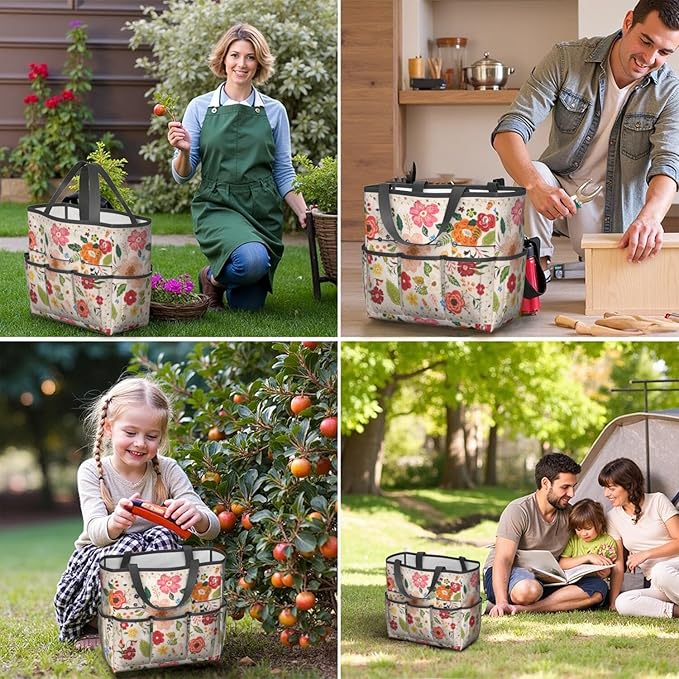 Boho Garden Tool Bag - Waterproof Floral Garden Tote with 8 Pockets, Large Storage Home Organizer Gardening Tool Oxford Bag for Garden Tools Kits Holder, Ideal Outdoor Gardening Gift for Women & Men
