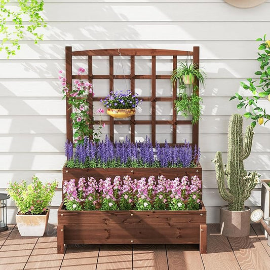 Giantex 2 Pcs Raised Garden Bed with Legs and Trellis, 2-Tier Standing Planter Box with Drain Holes, Outdoor Elevated Garden Trellis for Vine Climbing, Flower Vegetable Fruit Herb Growing