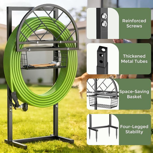 Garden Hose Holder Heavy Duty Water Hose Holder with Storage Basket,Holds Up to 165FT Hose, Freestanding Outdoor Hose Hanger with 4 Spikes Sturdy Hose Stand, for Outside Yard Lawn Patio