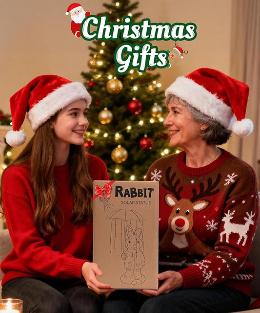 Solar Rabbit Garden Statue Outdoor Decor, Bunny Figurines Lights with Umbrella for Outside Yard Lawn Ornaments,Gifts for Mother's Day Birthday Easter Housewarming