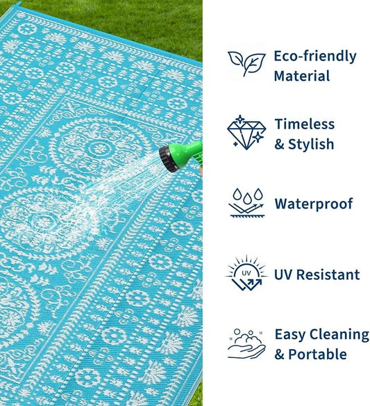 Garvee Reversible Outdoor Rug 9x12 for Patio, Waterproof Outdoor Area Rug, Modern Medallion Indoor Outdoor Rugs, Plastic Straw Rug for RV, Camping, Deck, Vintage Blue