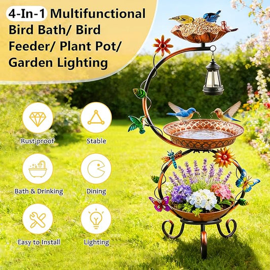 Metal Bird Bath for Outside, 3 in 1 Large Bird Birdbaths for Outdoors with Solar Lamp & Flower Planter Pedestal, Vintage Freestanding Bird Feeder Water Bowl for Garden Yard Lawn Decor, Bronze