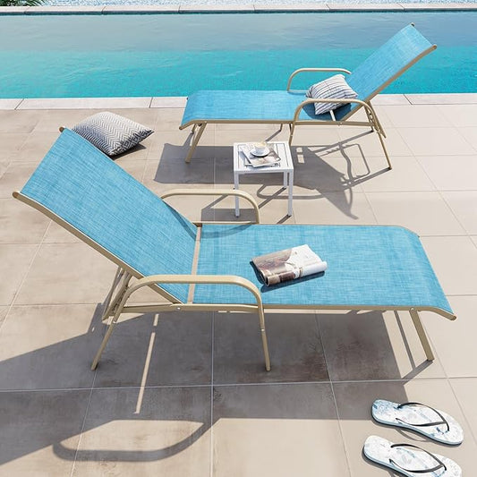 Crestlive Products Chaise Lounge Chair Outdoor with Armrests, Pool Lounge Chairs Set of 2, Aluminum Adjustable 5 Positions Sun Tanning Lounger for Patio, Poolside, Yard, Deck, Backyard (Blue)