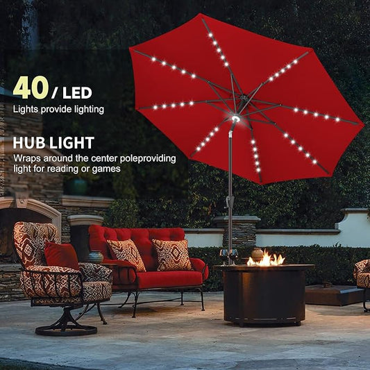 10ft Solar Umbrella Outdoor - Lighted Patio Umbrella with 40 LED Lights Waterprool Uv Protection, Table Umbrella with Tilt & Crank for Pool, Porch, Garden, Deck, Backyard(Red)