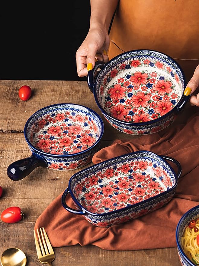 Vintage Style Cherry Blossom Flowers Pottery Bakeware Ceramic Casserole Dish Baking Pan Lasagna Pans Baking Dish with Handles for Oven to Table-1 PCS, 32 oz