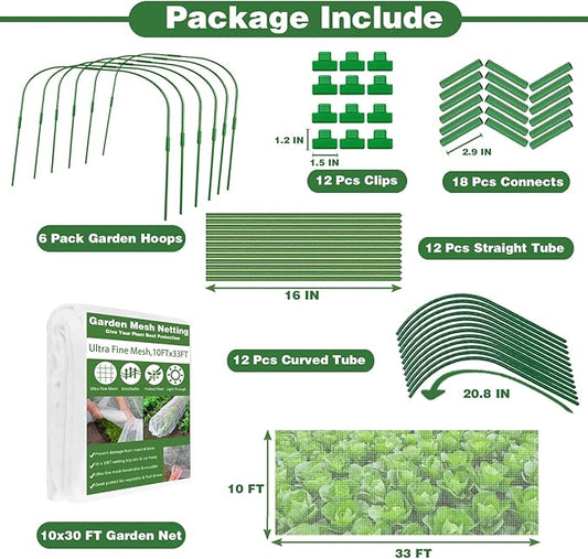 Garden Mesh Netting Kit, 10x33FT Ultra Fine Mesh Netting with 6 Sets Fiberglass Garden Hoops & 12 Clips for Tree Fruit Barrier Vegetable Fruits Flowers Shrubs Plant Covers Net