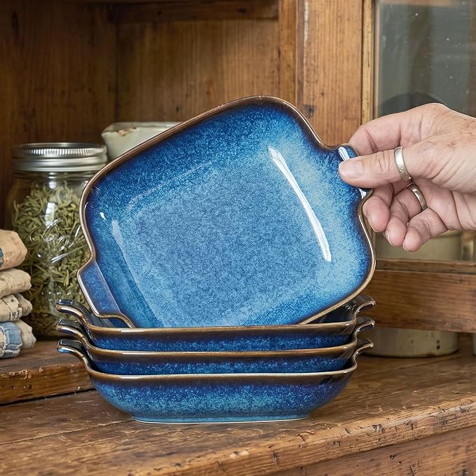 Ceramics Au Gratin baking Dishes Set of 4, Baking Tray Bake ware, 10.2 oz Ramekins, for Pie Pan, Appetizer, Tart, Dessert, Quiche, Oven Small dish, individual dishes, Square 7.8 Inch
