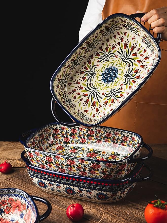 Vintage Style Pottery Bakeware Ceramic Casserole Dish Baking Pan Lasagna Pans Baking Dish with Handles for Oven/Cooking/Kitchen-1 PCS, Large Capacity, 60 OZ