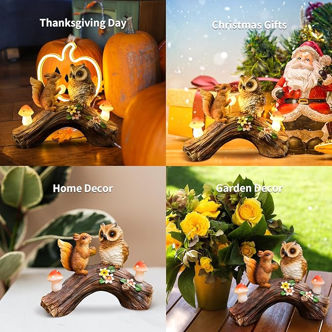 Solar Owl Garden Statues Outdoor Decor Resin Owl Squirrel Figurine with Mushroom Lights for Patio Lawn Yard Decorations Christmas Birthday Housewarming Gardening Gifts for Women Mom