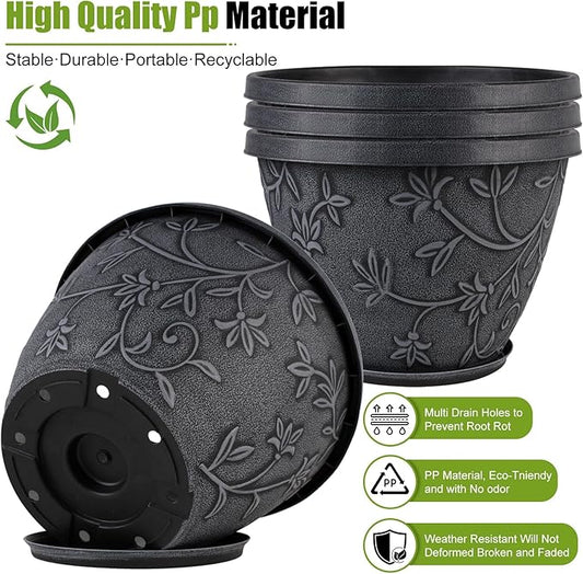 Nooulap 4 Pack 16 Inch Large Plant Pot for Outdoor, Plastic Flower Pot Indoor with Drainage Hole & Saucer, Modern Decorative Garden Pot, Imitation Magnolia Garden Pots for House Planters(Gray)