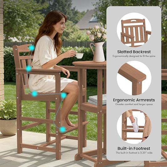 Ciokea Balcony Chairs and Table 3 Pieces Set, Outdoor High Top Bar Set, HDPE Oversized Adirondack Bar Chairs Set of 2 and Round Table for Outside Dining Bistro Poolside Backyard, Teak