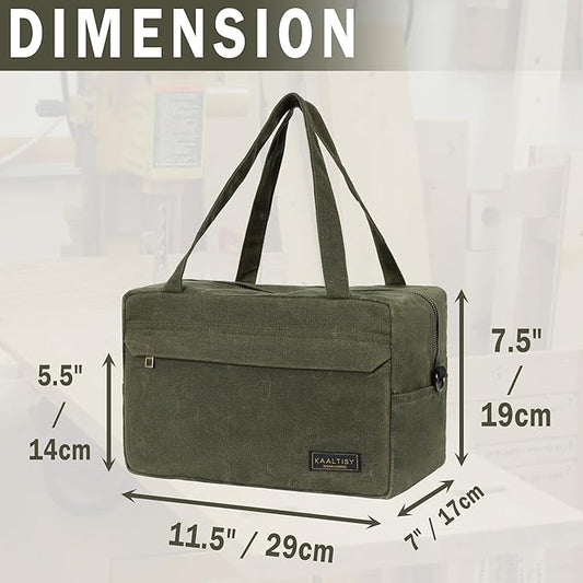16OZ Waxed Canvas Tool Storage Bag, Heavy Duty Hand Tools Organizer with Hidden Zipper Pocket & 4 Internal Slots & Carrying Handle | Army Green | Multi-Purpose Tool Bag for Mechanic Electrics - S