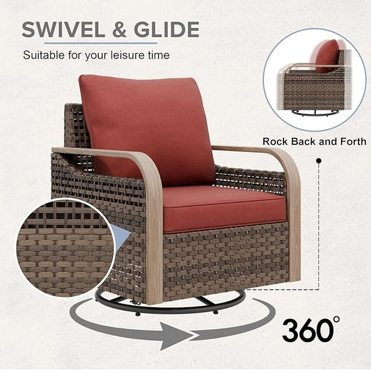 COOS BAY Modern Wicker Outdoor Furniture Set, Patio Conversation Set with Swivel Rockers, Patio Chairs, 3 Seat Couch, Loveseat, Coffee Table and Side Table, 8 Piece, Brown/Red