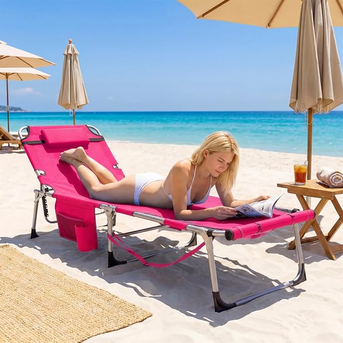 Giantex Set of 2 Tanning Chair with 5 Adjustable Positions, Face & Arm Hole, Hand/Shoulder Strap, Removable Pillow, Side Pocket, Load 330 Lbs, Patio Lounge Chair for Outdoor Beach Sunbathing, Pink