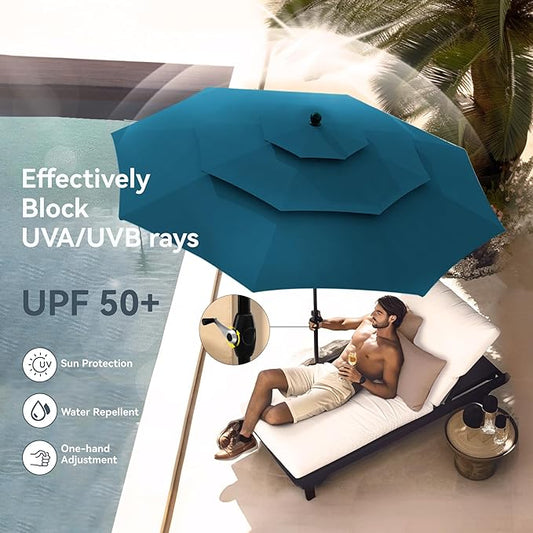 PHI VILLA 10ft Outdoor Patio Umbrellas for Outside, 3 Tier Vented Market Table Umbrella Windproof for Backyard, Deck, Garden, 1.5" Pole, Cyan(No Base)