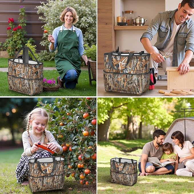 Green Camo Garden Tool Bag - Waterproof Garden Tote with 8 Pockets, Large Storage Home Organizer Gardening Tool Oxford Bag for Garden Tools Kits Holder, Ideal Outdoor Gardening Gift for Women & Men