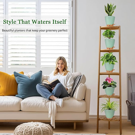 6 Inch Self Watering Pots for Indoor Plants(5-Pack) – Small Plastic Planters with Water Level Window, Drainage Holes & Detachable Trays, Indoor Outdoor Flower Pots for Herbs, Snake,Pothos (Green)