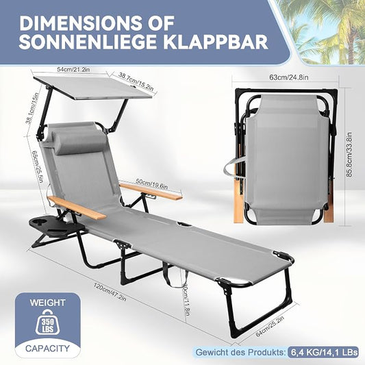 Beach Lounge Chairs with Armrests, 4-Position Folding Lounge Chairs for Outside, Sunbathing Portable Lounge Chaise, Tanning Chair Pillow & Cup Holder, for Outside Beach Pool (Grey.)