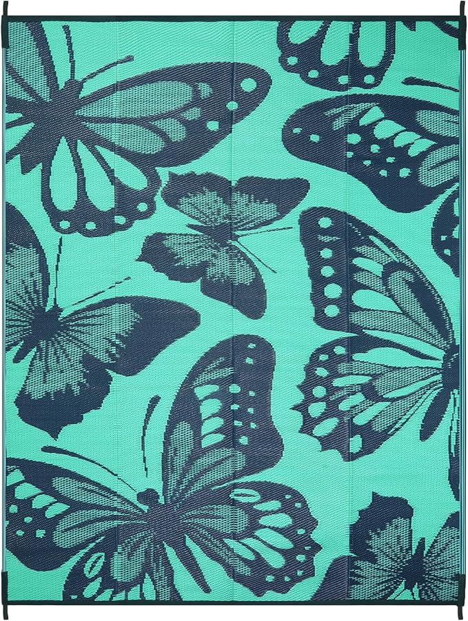 Anidaroel Butterfly Outdoor Rug 8X10 Patio Waterproof, Reversible Plastic Straw Outside Area Rug, Large Outdoor Area Rug for Deck, Camper, Backyard, Picnic(Green,8‘X10')