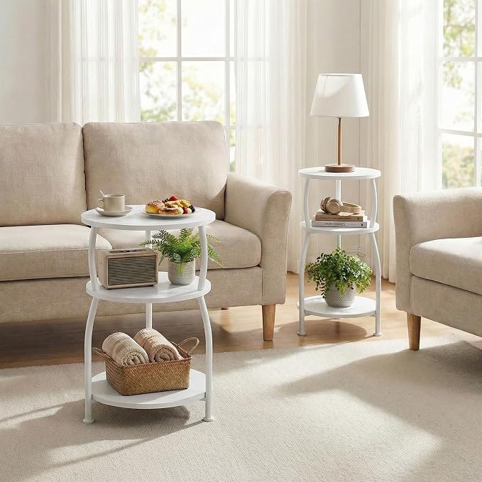 Round Side Table, 3-Tier End Table with Storage Shelf, 15.7" Wide Nightstand for Small Spaces, Tall Sofa Table Capable of Holding Laptops & Lamps, Bedside Table for Bedroom & Living Room, White