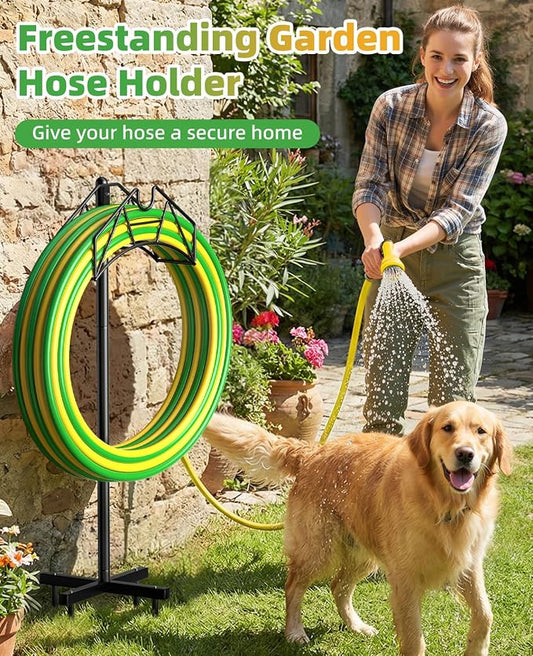 Garden Hose Holder, Heavy Duty Water Hose Holder Holds 150/160ft Hose for Outside, Hose Stand Storage Rack Freestanding with Nozzle Holder & Stable Base,Metal Hanger for Yard Lawn Farm Gardening Tools
