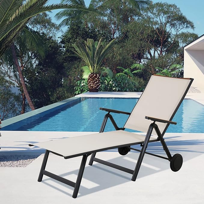 Grand patio Outdoor Chaise Lounge Chair Set of 2 with 6-Position Adjustable Sling Backrest, Aluminum Folding Portable Wood Grain Chair with Wheels for Beach, Backyard, Poolside, Lawn, White