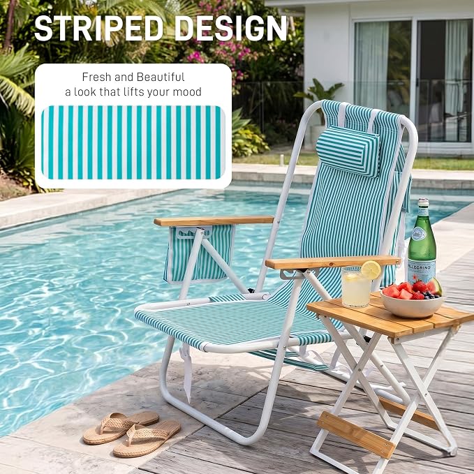 Outvita 2 Pack Folding Beach Chair, 4 Position Adjustable Reclining Lounge Chair with Padded Headrest, Large Rear & Side Storage Pockets, Lightweight Portable Outdoor Chair for Beach Pool Garden BBQ