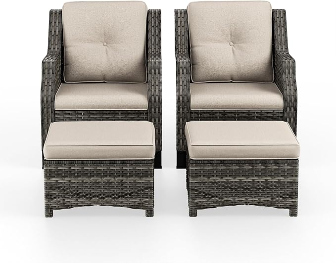 4 Piece Patio Furniture Set, 2 Chairs and 2 Ottomans PE Wicker Footstool, Outdoors Rattan Conversation Set with Deep Seating and Olefin Cushions, for Backyard, Garden, Beige
