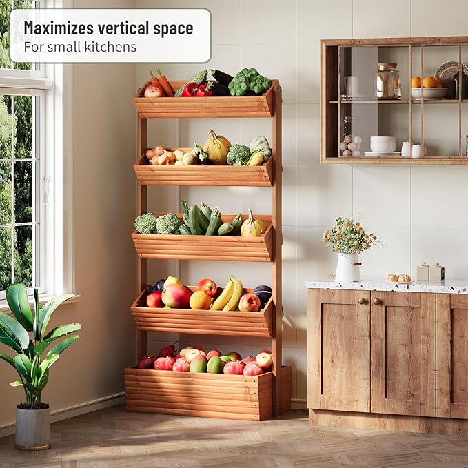 Vertical Wooden Raised Garden Bed, Garden Planters Freestanding Wood Plant Stand Flower Rack Wooden Planter Box for Plants Herbs Flowers Vegetables Outdoor Indoor Gardening (5-Tier Brown)