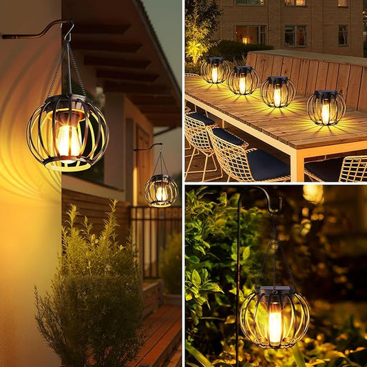 Solar Lanterns Outdoor Waterproof 4 Pack, Upgraded Metal Hanging Solar Lights for Outside with Auto On/Off & Hook - Brighter Hanging Outdoor Lanterns Decorative Lighting for Garden Patio Yard