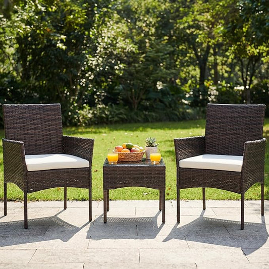 DUMOS 3 Piece Patio Furniture Set, All-Weather Outdoor Wicker Chairs with Removable Cushions & Tempered Glass Table, Small Bistro Set for Porch, Balcony, Lawn, Backyard Brown