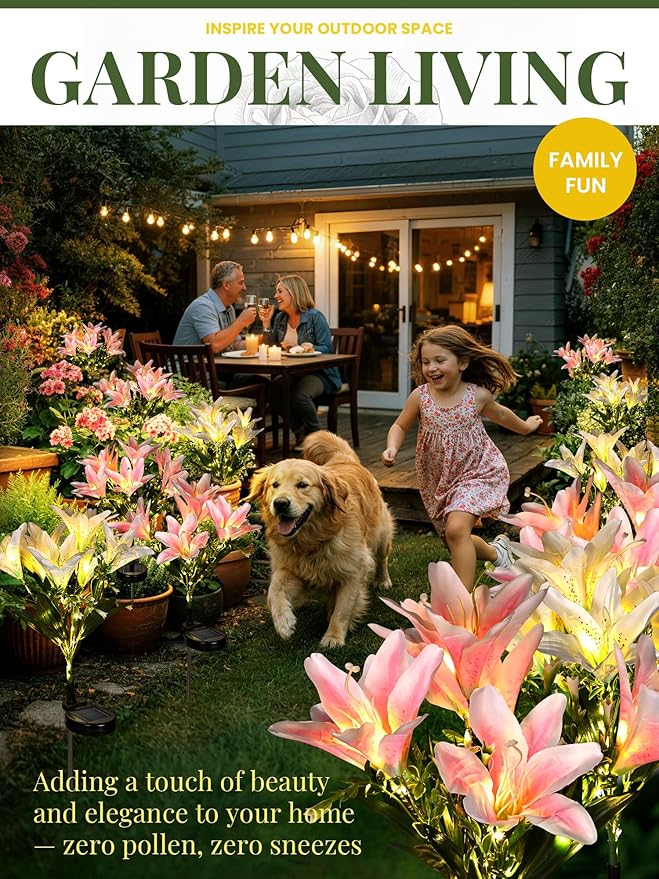 GIGALUMI Solar Garden Lights, 2 Pack LED Lily Garden Decor Carefree Solar Flowers Outdoor Waterproof, Yard Decorations Outdoor, Allergy-Free Light up Flowers for Yard Patio (1White,1Pink)