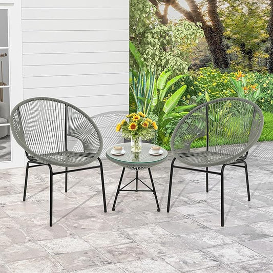 COSTWAY 3-Piece Outdoor Acapulco Chair Set, Wicker Conversation Bistro Sets with Plastic Rope, Glass Top Table, Patio Rattan Furniture Set for Garden, Balcony, Lawn, Backyard, Apartment, Grey