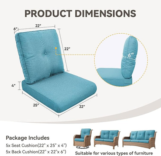Patio Cushions for Outdoor Furniture - 22" x 25" x 4" UV Resistant Thick Foam Cushions Water Resistant Replacement Cushion for Outdoor Patio Furniture Chair/Sofa/Couch | Light Blue | 5-Pack |