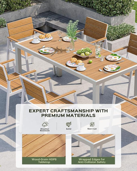 Outdoor Dining Set for 6, Patio Table and Chairs Set, Aluminum Patio Furniture Set with Umbrella Hole, HDPS Patio Dining Table Set for 6 (White-Teak)