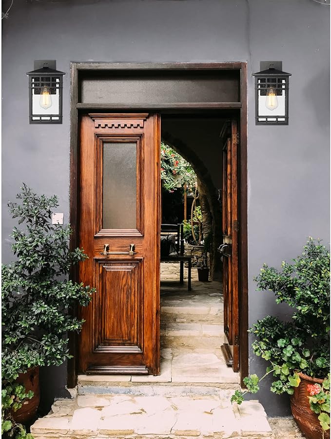 Outdoor Wall Lantern, Exterior Wall Mount Light Fixture, Black Outside Porch Sconce Lighting with Seeded Glass, Waterproof Outdoor Wall Light for Patio Front Door Entryway