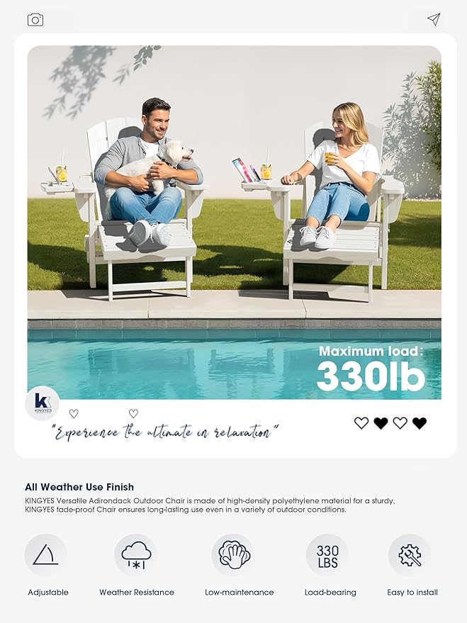 KINGYES Adjustable Folding Adirondack Chair with Footrest & 4-in-1 Multi-Functional Armrest Organizer Set of 4, HDPE Foldable Reclining Adirondack Chair with Pull-Out Ottoman, White