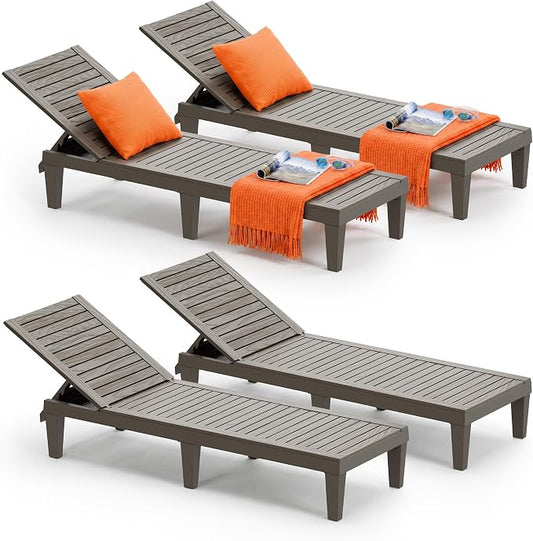 Outdoor Lounge Chairs Set of 4, 5-Position Adjustable Tanning Chairs with Wood Grain, All-Weather Resin Patio Recliners for Pool, Garden, Deck, Beach, Patio Lounge Chairs, Texture Grey