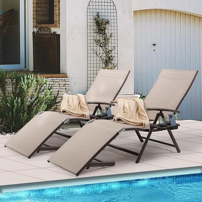 Kozyard Cozy Aluminum Reclining Lounge Chair - Perfect for Beach, Yard, Pool, Deck, and Patio - Outdoor Chaise Lounge with Drink Holder, Weather Free, Adjustable - Assemble-Free(1 Pack, Beige)