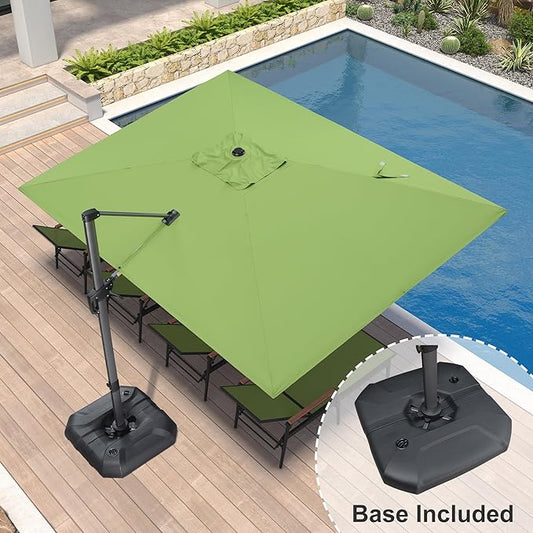 PURPLE LEAF 9' X 11.5' Square Cantilever Umbrella Patio Umbrella with Base Outdoor Umbrella Aluminum Offset with 360-degree Rotation for Garden Deck Pool Patio Apple Green